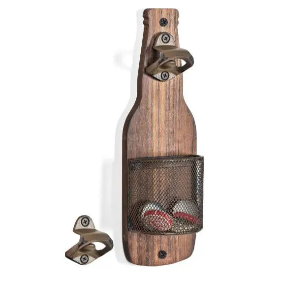 Brown Rustic Wooden Wall-Mounted Bottle Opener with Cap Catcher - Vintage Beer Opener for Bar & Kitchen - Home & Garden