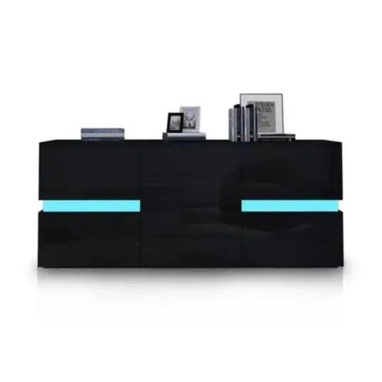 Buffet Sideboard High Gloss RGB LED Storage Cupboard with 2 Doors & 4 Drawers Black - Furniture > Dining