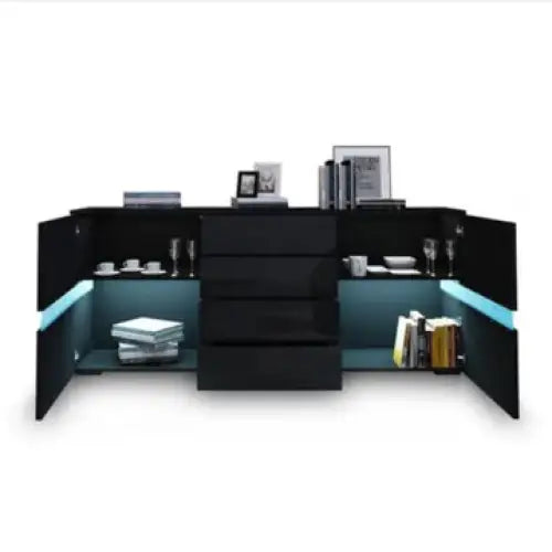 Buffet Sideboard High Gloss RGB LED Storage Cupboard with 2 Doors & 4 Drawers Black - Furniture > Dining