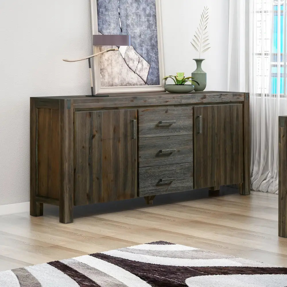 Buffet Sideboard in Chocolate Colour Constructed with Solid Acacia Wooden Frame Storage with Drawers - Furniture >