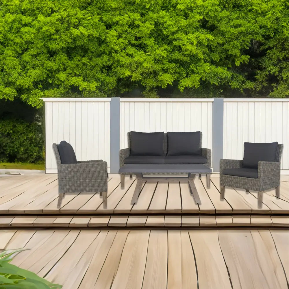 Byron 4pc Rattan Outdoor Sofa Set 2 Seater Wicker Lounge Grey Coffee Table - Furniture > Outdoor