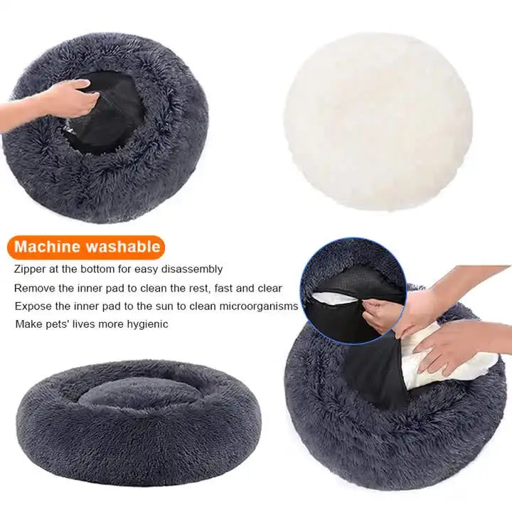 Calming Donut Pet Bed -Soft Faux Fur Anti-Anxiety Fluffy Round Bed for Cats and Small Dogs (Light Pink)40cm - Pet Care