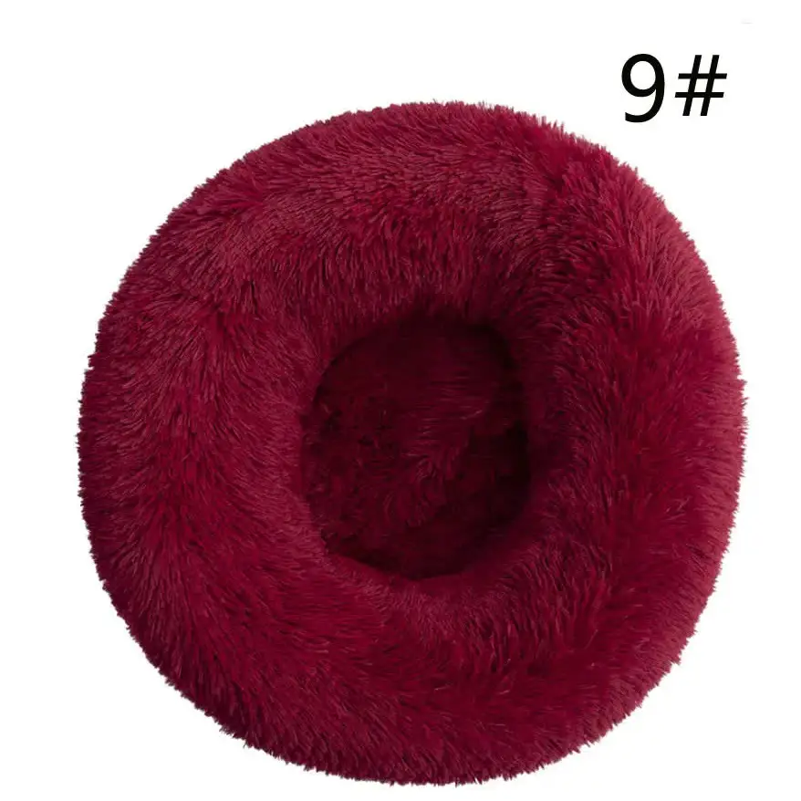 Calming Donut Pet Bed -Soft Faux Fur Anti-Anxiety Fluffy Round Bed for Cats and Small Dogs (Wine Red)50cm - Pet Care >
