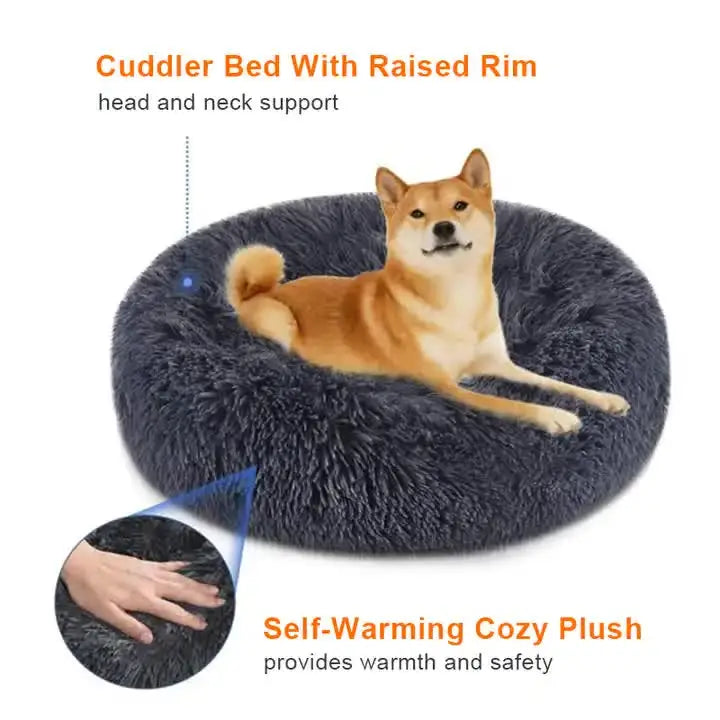 Calming Donut Pet Bed -Soft Faux Fur Anti-Anxiety Fluffy Round Bed for Cats and Small Dogs (cyan blue)40cm - Pet Care >