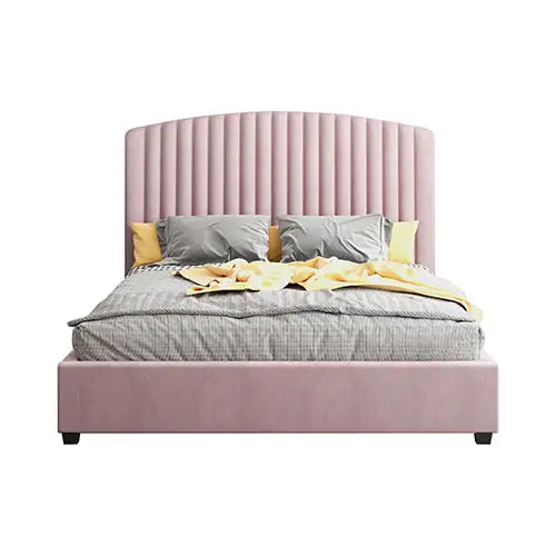 Camelia Queen Size Bed Frame Pink Velvet Upholstery High Headboard Quality Slats Metal Structure - Furniture > Bedroom