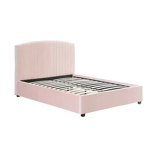 Camelia Queen Size Bed Frame Pink Velvet Upholstery High Headboard Quality Slats Metal Structure - Furniture > Bedroom