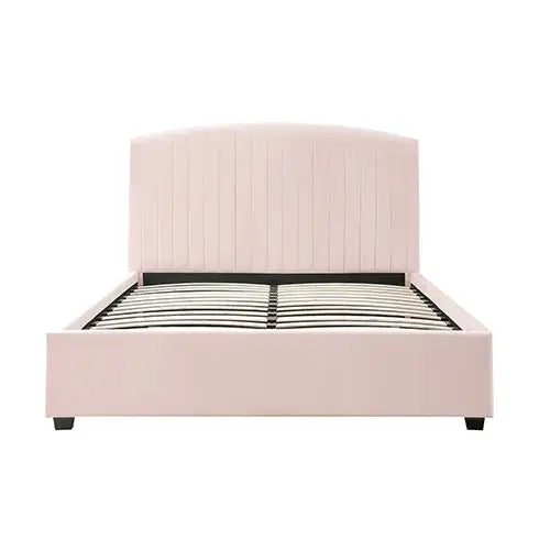 Camelia Queen Size Bed Frame Pink Velvet Upholstery High Headboard Quality Slats Metal Structure - Furniture > Bedroom