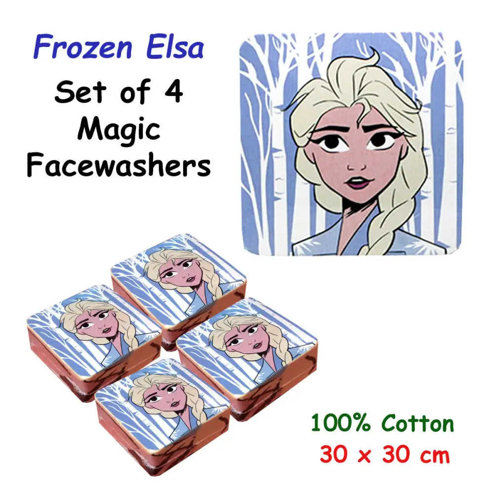 Caprice Frozen Elsa Set of 4 Cotton Licensed Magic Facewashers 30 x 30 cm - Home & Garden > Bathroom Accessories