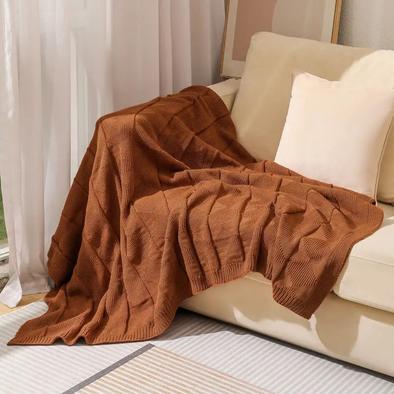 Caramel Cozy Lightweight Acrylic Knit Throw Blanket - Diamond Waffle Texture for Sofa Bed & Travel - Home & Garden >