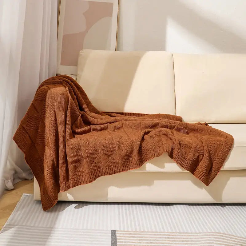 Caramel Cozy Lightweight Acrylic Knit Throw Blanket - Diamond Waffle Texture for Sofa Bed & Travel - Home & Garden >