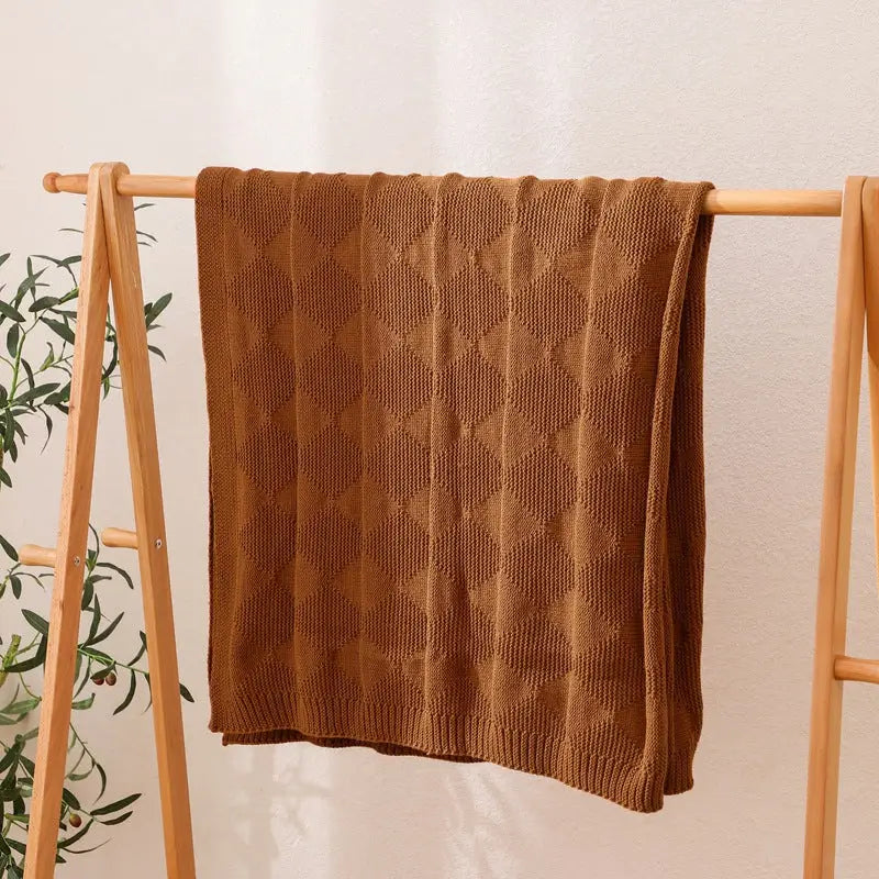 Caramel Cozy Lightweight Acrylic Knit Throw Blanket - Diamond Waffle Texture for Sofa Bed & Travel - Home & Garden >
