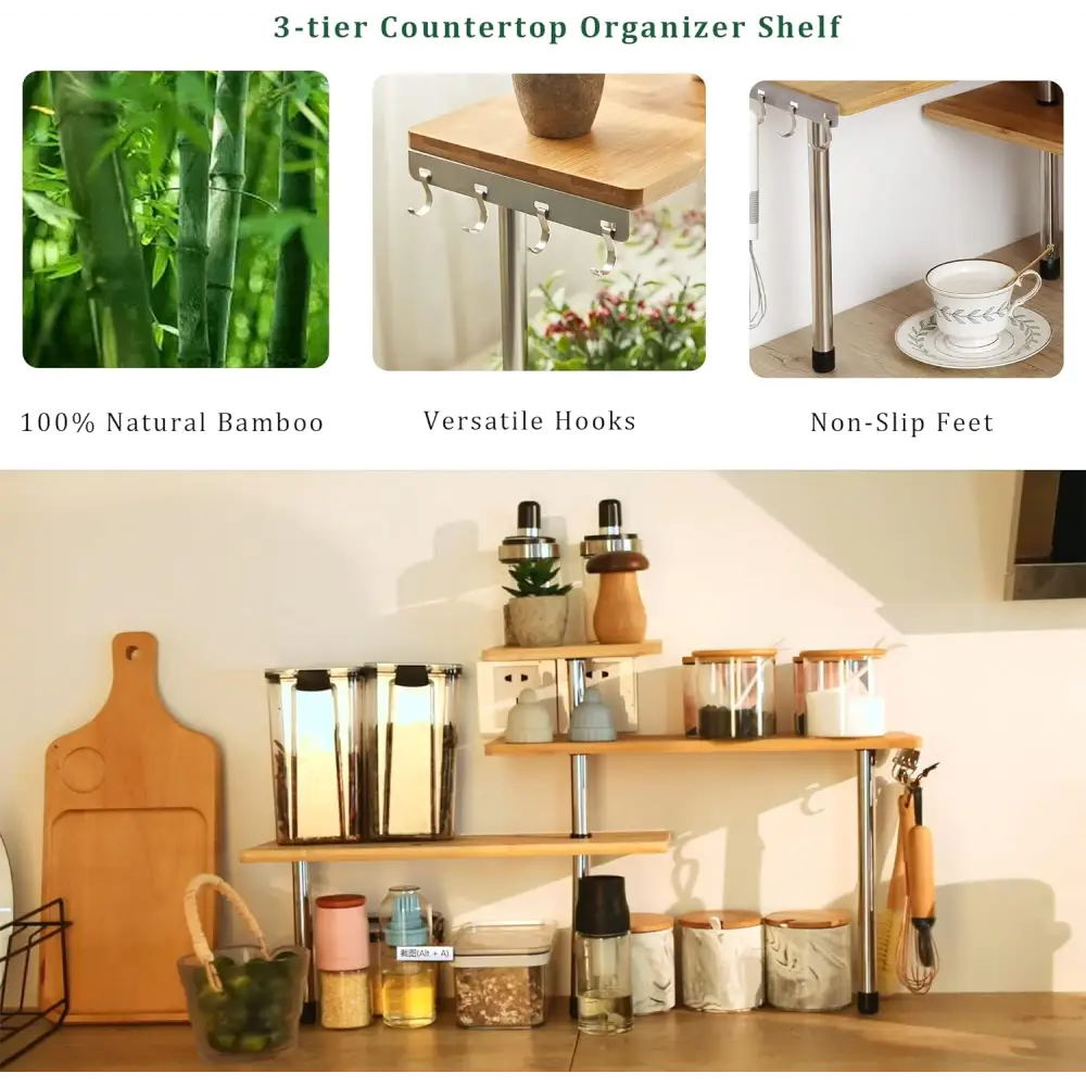 CARLA HOME 3 Tier Corner Shelf Kitchen Spice Rack Organiser with Hooks for Home Storage & Organisation - Home & Garden
