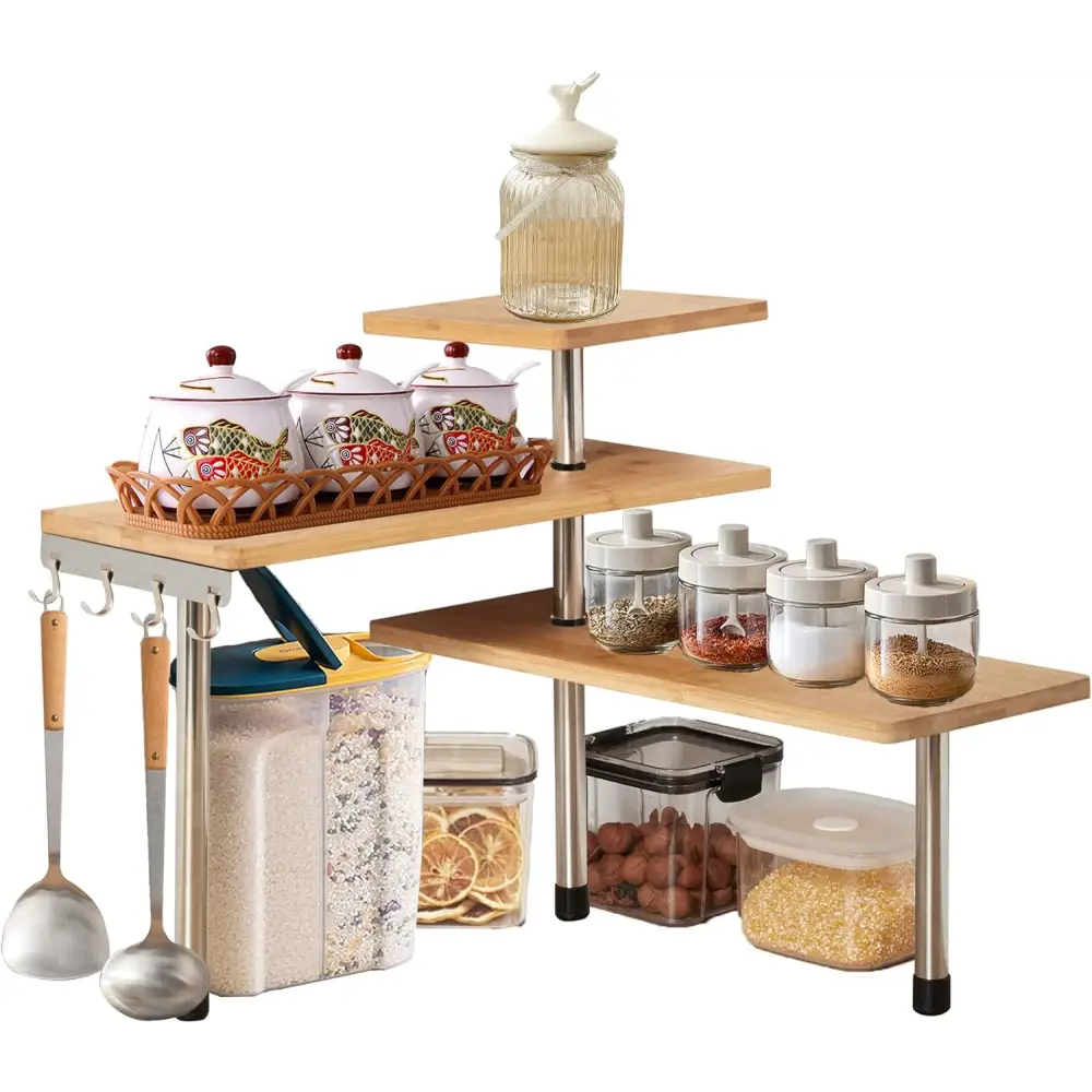 CARLA HOME 3 Tier Corner Shelf Kitchen Spice Rack Organiser with Hooks for Home Storage & Organisation - Home & Garden