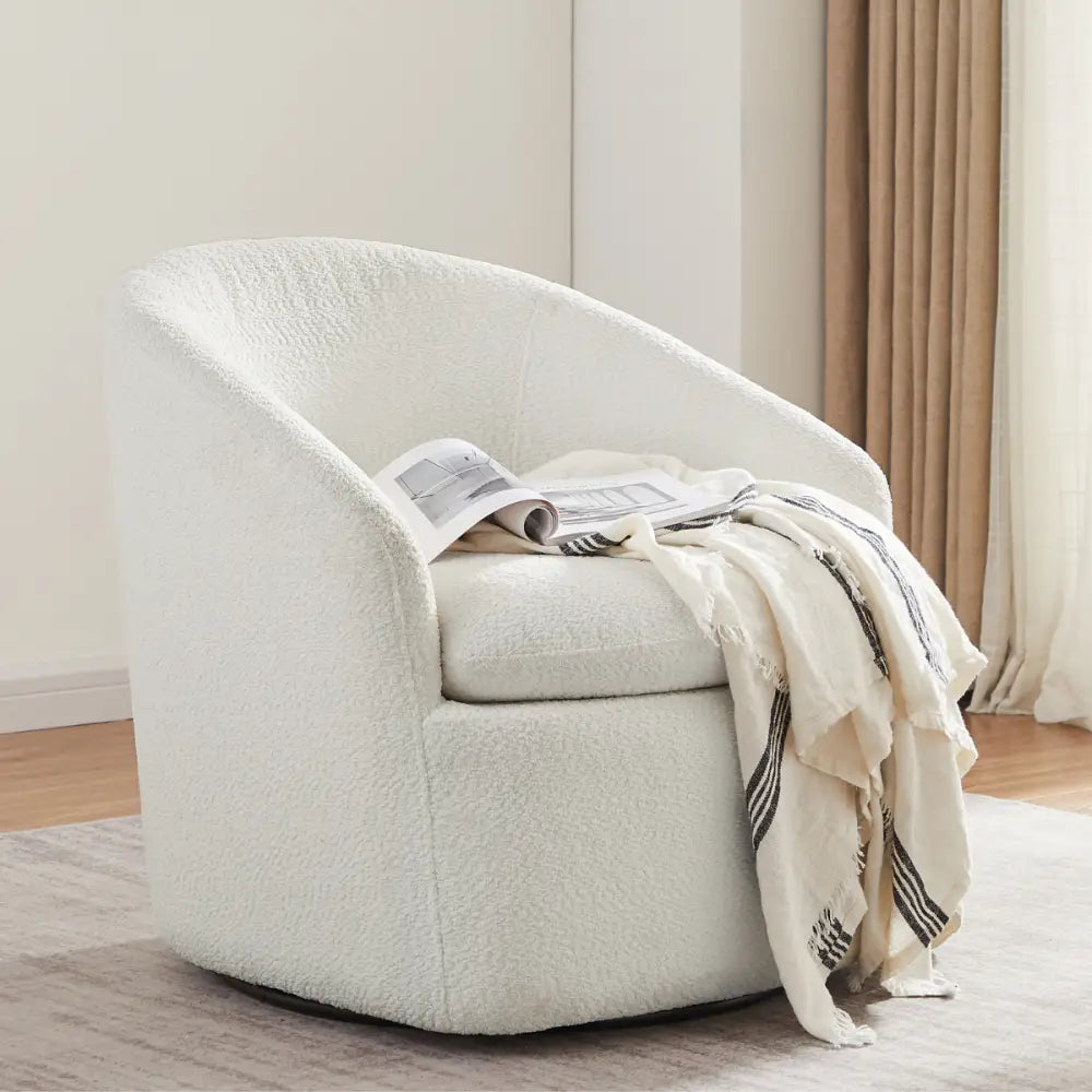 Carrie White Boucle Swivel Chair - Furniture > Living Room