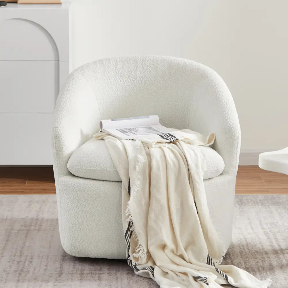 Carrie White Boucle Swivel Chair - Furniture > Living Room