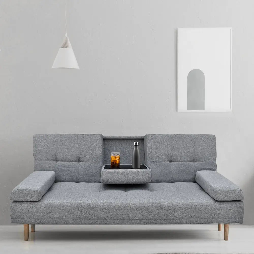 Casa Decor Mendoza 2 in 1 Sofa Bed Couch Grey Pull Down Cupholder 3 Seats Futon - Furniture > Sofas > Sofas & Sofa Beds