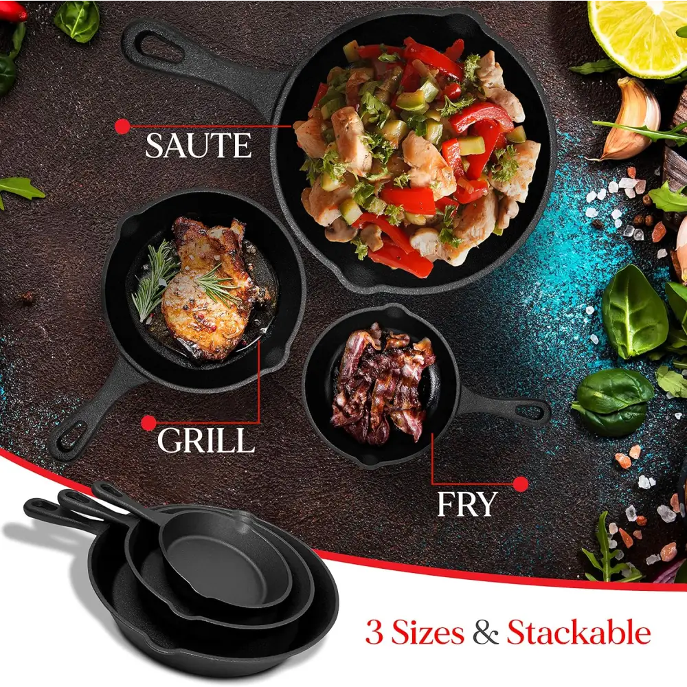 Cast Iron Skillet Cookware 3-Piece Set Chef Quality Pre-Seasoned Pan 10’’ 8’’ 6’’ Pans - Home & Garden > Kitchenware