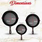 Cast Iron Skillet Cookware 3-Piece Set Chef Quality Pre-Seasoned Pan 10’’ 8’’ 6’’ Pans - Home & Garden > Kitchenware
