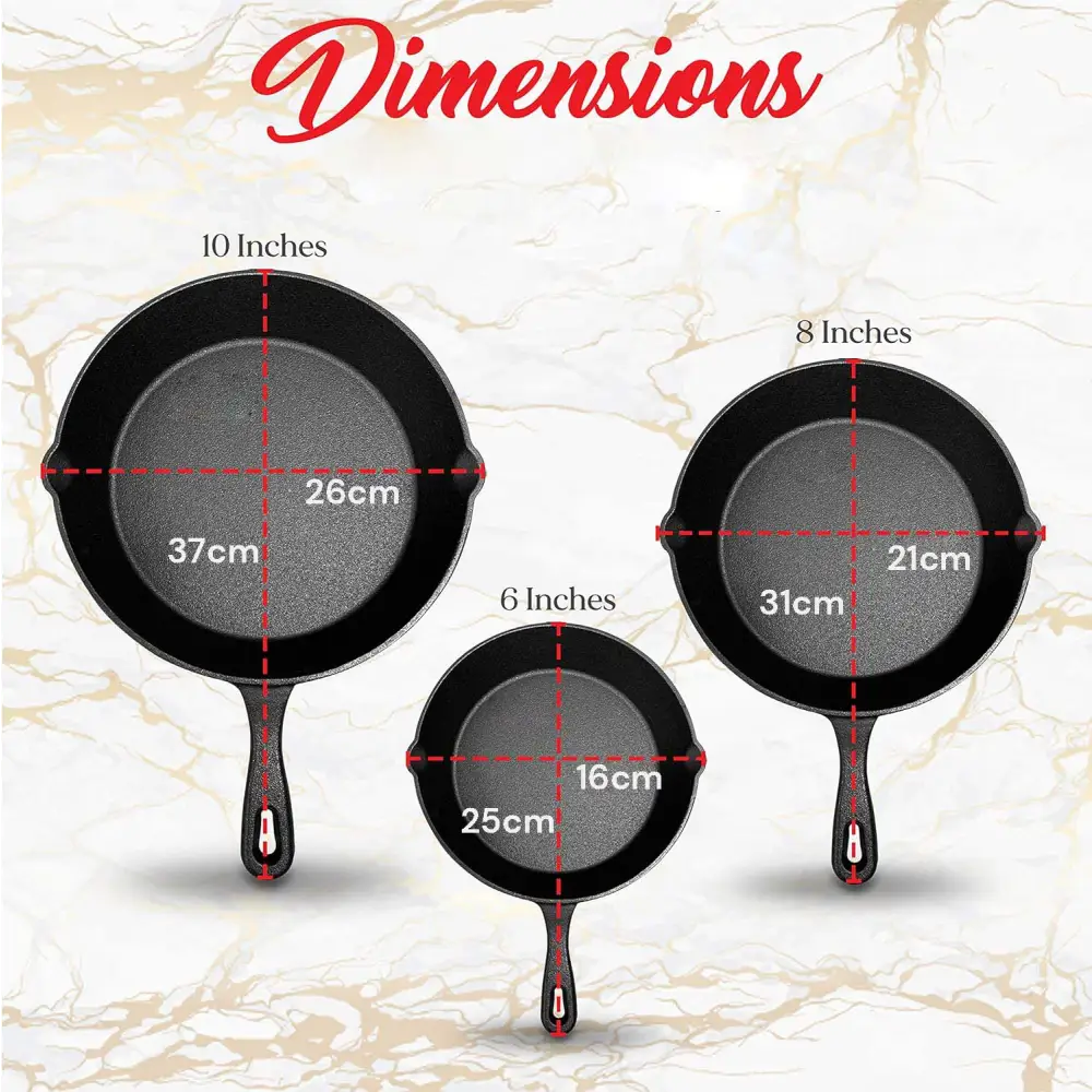 Cast Iron Skillet Cookware 3-Piece Set Chef Quality Pre-Seasoned Pan 10’’ 8’’ 6’’ Pans - Home & Garden > Kitchenware