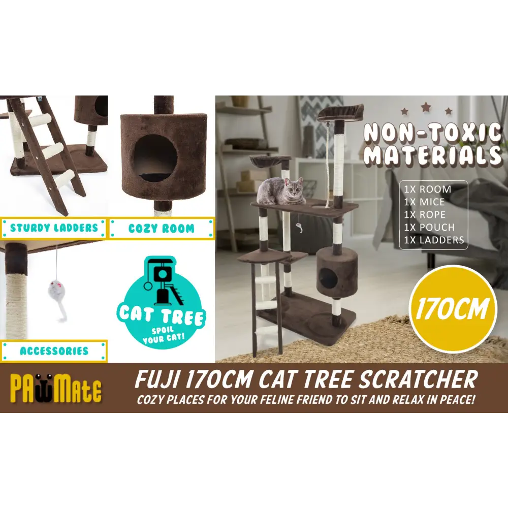 Cat Tree Multi Level Scratcher FUJI 170cm BROWN - Pet Care > Cat Supplies > Cat Scratchers