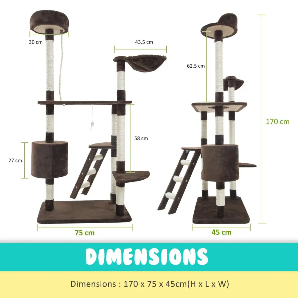 Cat Tree Multi Level Scratcher FUJI 170cm BROWN - Pet Care > Cat Supplies > Cat Scratchers