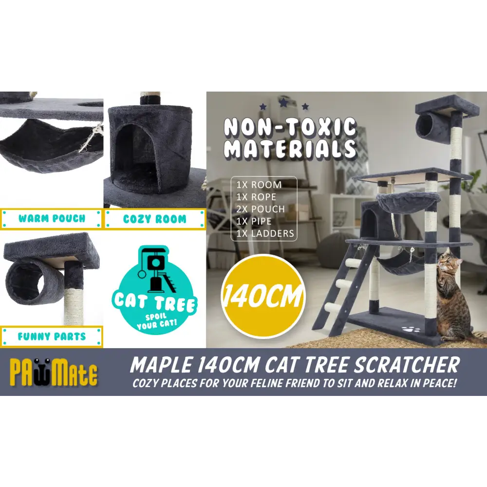 Cat Tree Multi Level Scratcher MAPLE 140cm GREY - Pet Care > Cat Supplies > Cat Scratchers