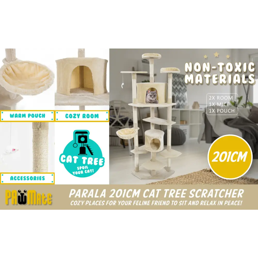 Cat Tree Multi Level Scratcher PARALA 201cm BEIGE - Pet Care > Cat Supplies > Cat Scratchers
