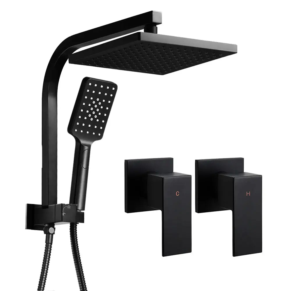 Cefito 8’’ Rain Shower Head Set Handheld Round High Pressure Twins Tap Black - Home & Garden > Bathroom Accessories >