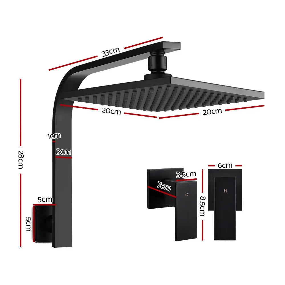 Cefito 8’’ Rain Shower Head Wall Arm Square High Pressure Twins Tap Black - Home & Garden > Bathroom Accessories >