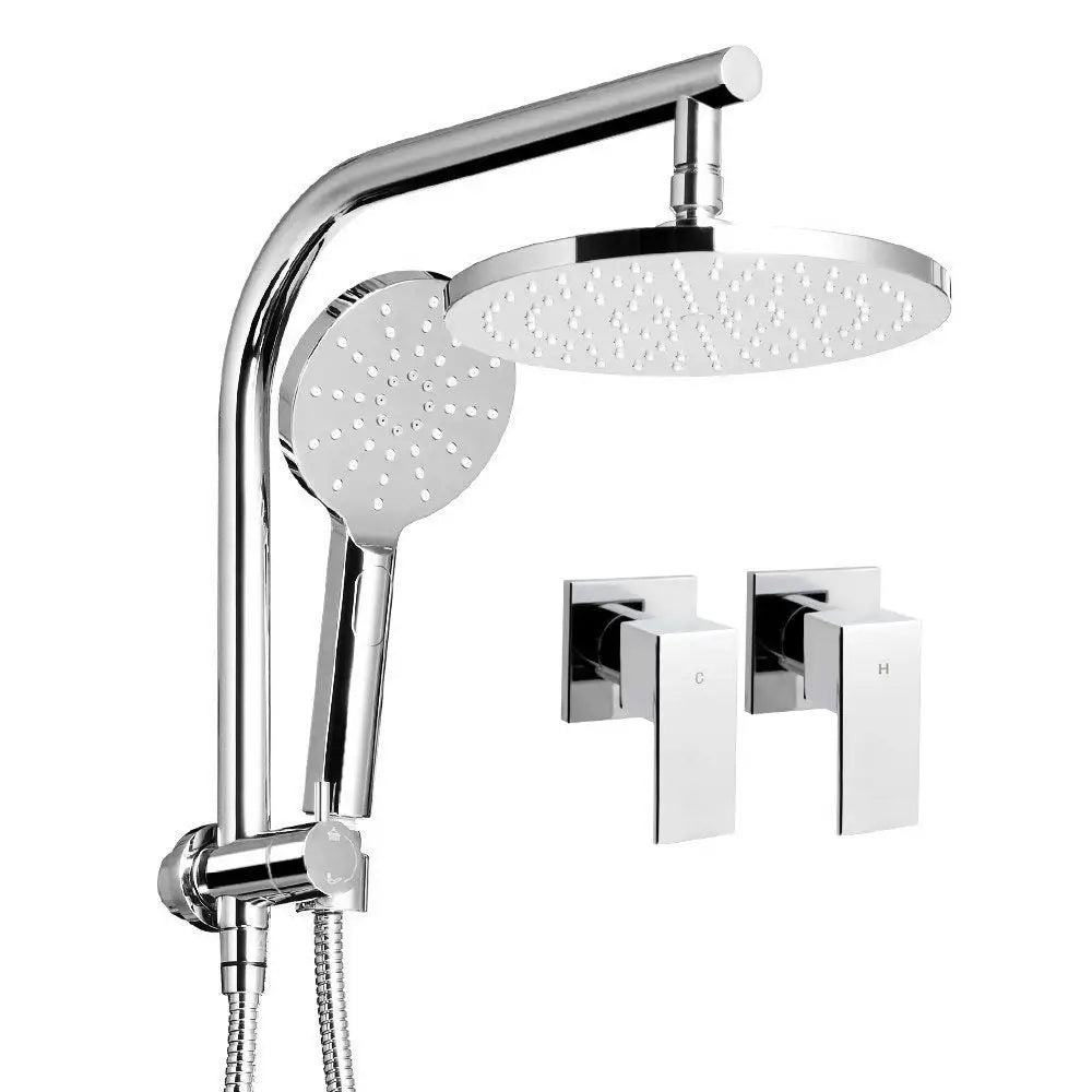 Cefito 9’’ Rain Shower Head Set Handheld Round High Pressure Twins Tap Chome - Home & Garden > Bathroom Accessories >