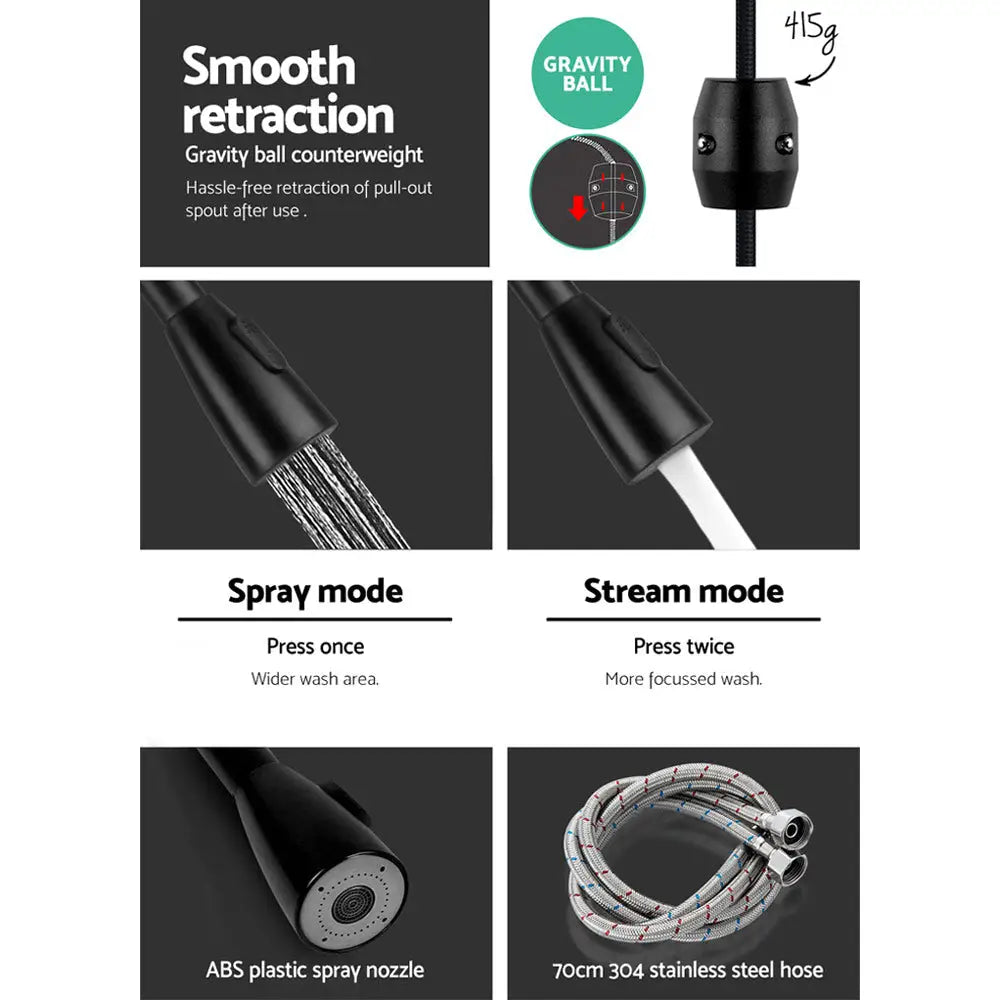 Cefito Kitchen Mixer Tap Pull Out 2 Mode Sink Faucet Basin Laundry Black - Furniture > Bathroom > Tap & Sink Accessories
