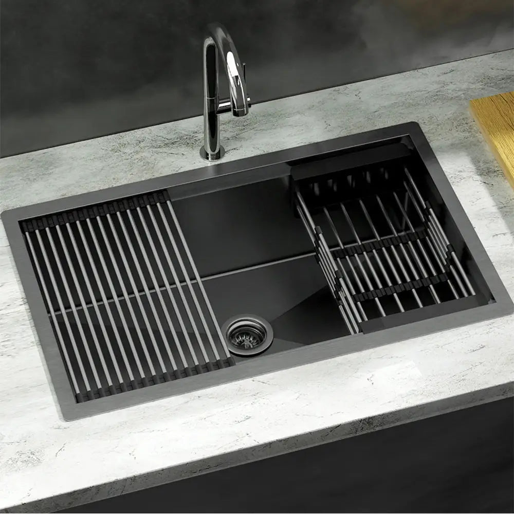 Cefito Kitchen Sink 70X45CM Stainless Steel Single Bowl Drain Rack Basket Black - Home & Garden > Kitchenware
