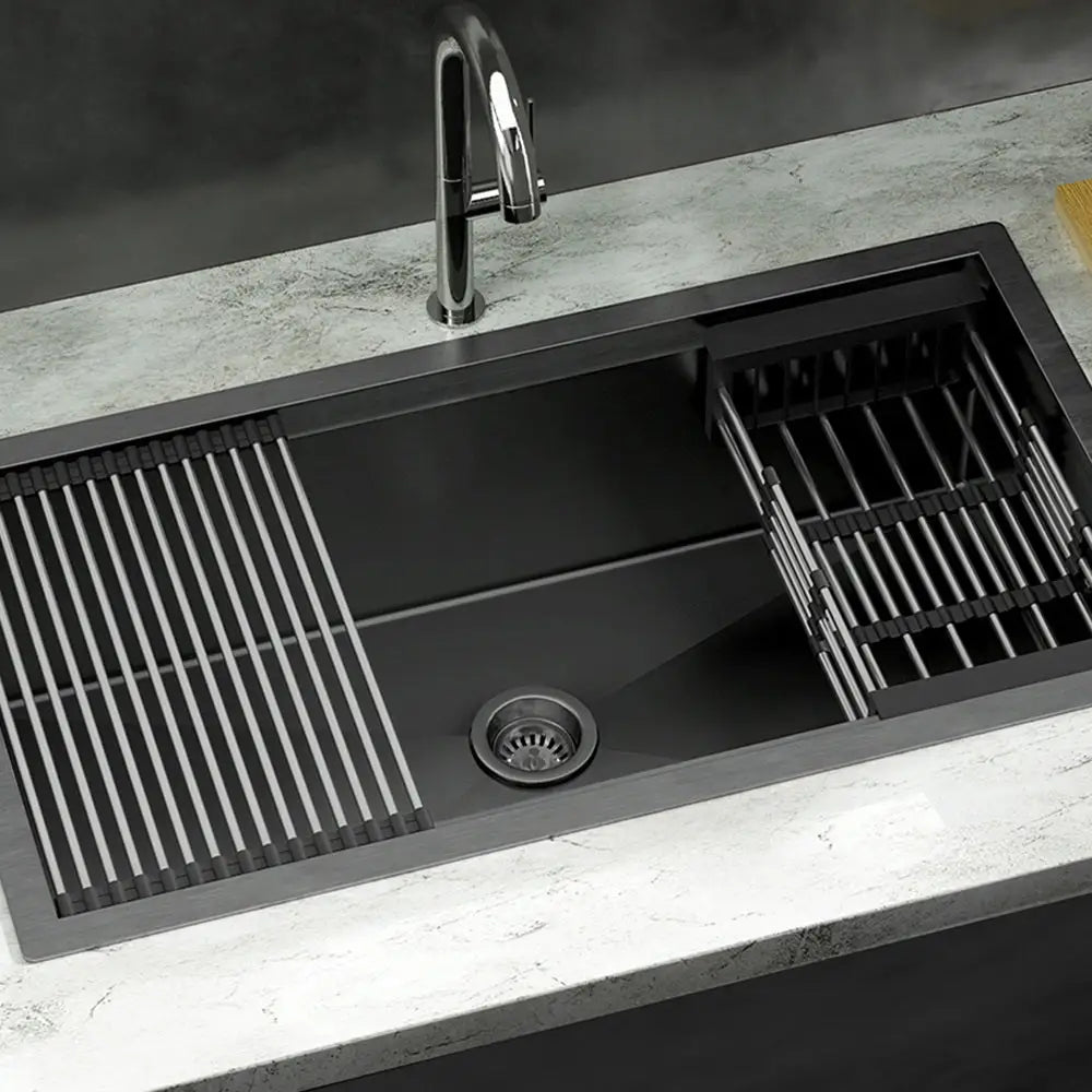 Cefito Kitchen Sink 81X45CM Stainless Steel Single Bowl Drain Rack Basket Black - Home & Garden > Kitchenware