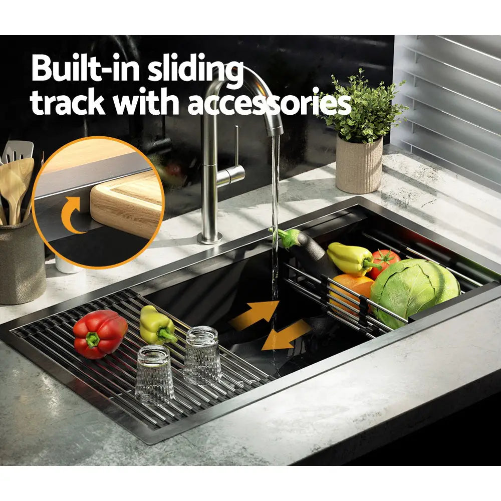 Cefito Kitchen Sink 81X45CM Stainless Steel Single Bowl Drain Rack Basket Black - Home & Garden > Kitchenware