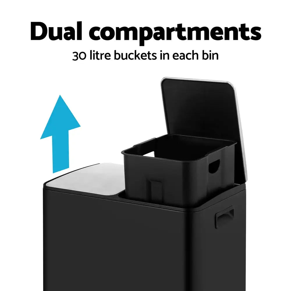 Cefito Pedal Bins Rubbish Bin Dual Compartment Waste Recycle Dustbins 60L Black - Home & Garden > Kitchen Bins