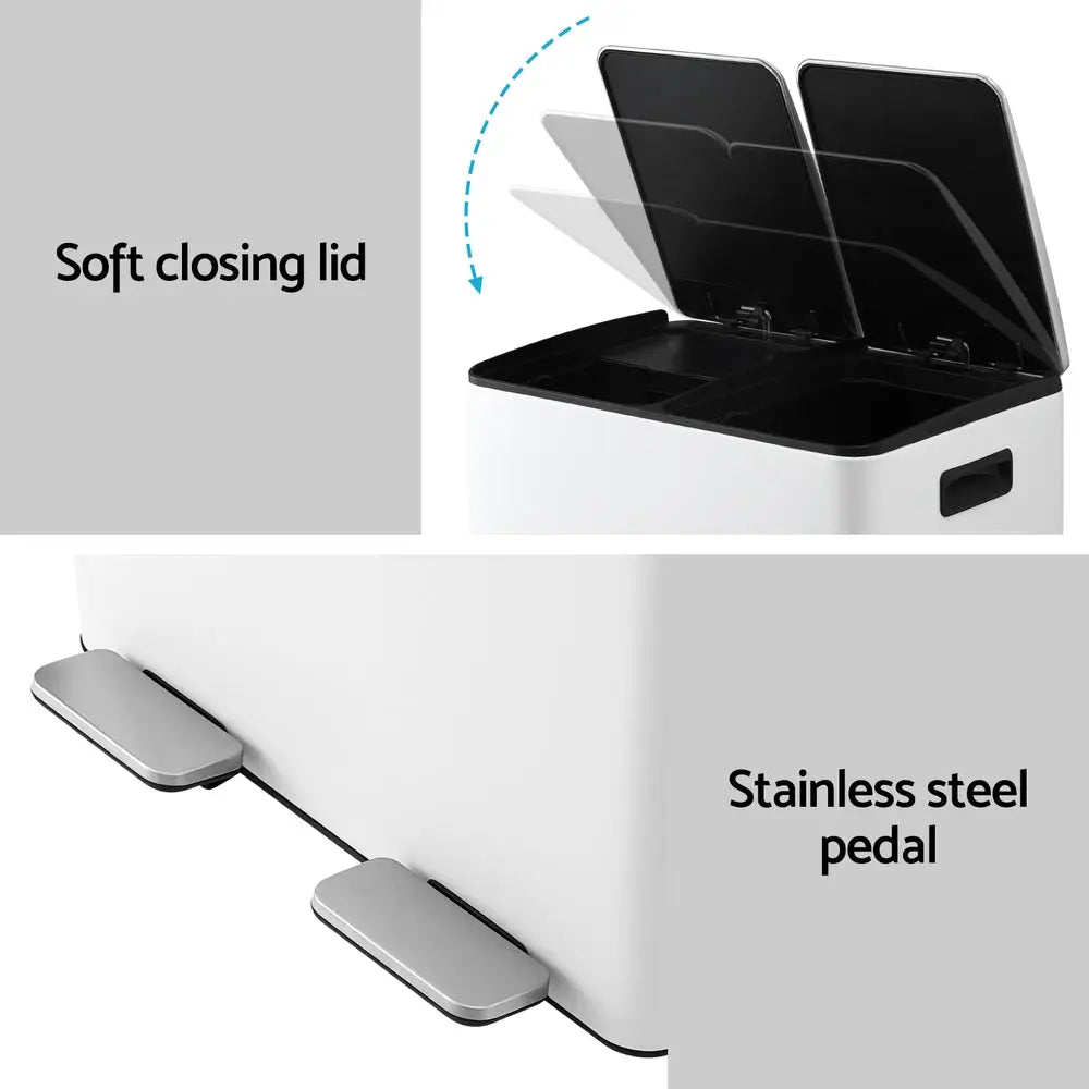 Cefito Pedal Bins Rubbish Bin Dual Compartment Waste Recycle Dustbins 60L White - Home & Garden > Kitchen Bins > Pedal