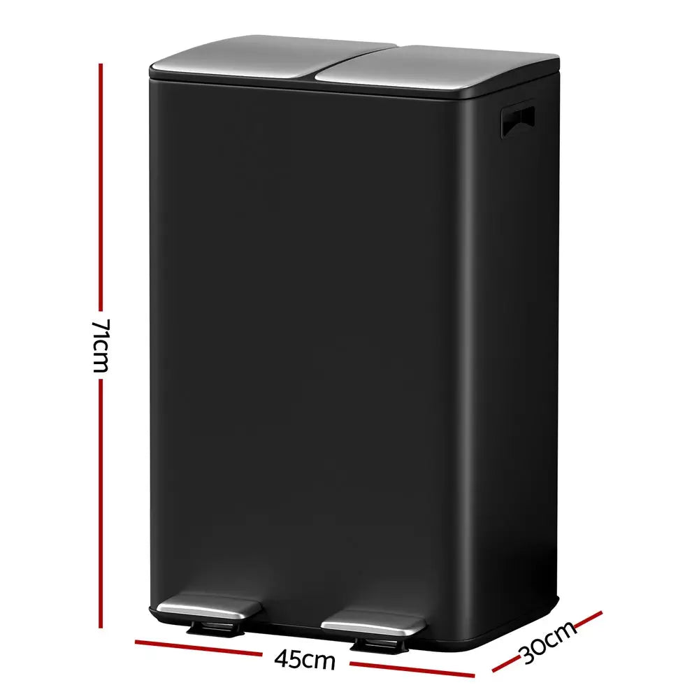 Cefito Pedal Bins Rubbish Bin Dual Compartment Waste Recycle Dustbins 60L Black - Home & Garden > Kitchen Bins