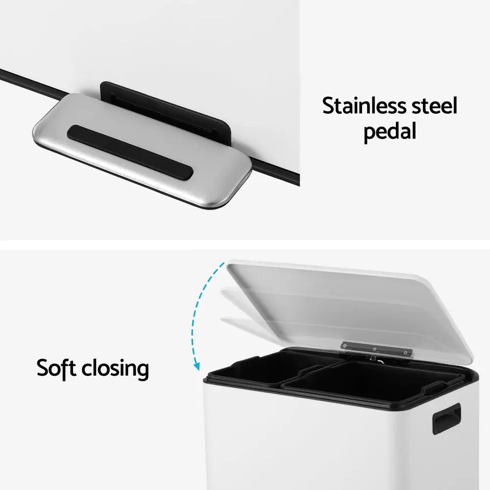 Cefito Pedal Bins Rubbish Bin Dual Compartment Waste Recycle Dustbins 40L White - Home & Garden > Kitchen Bins