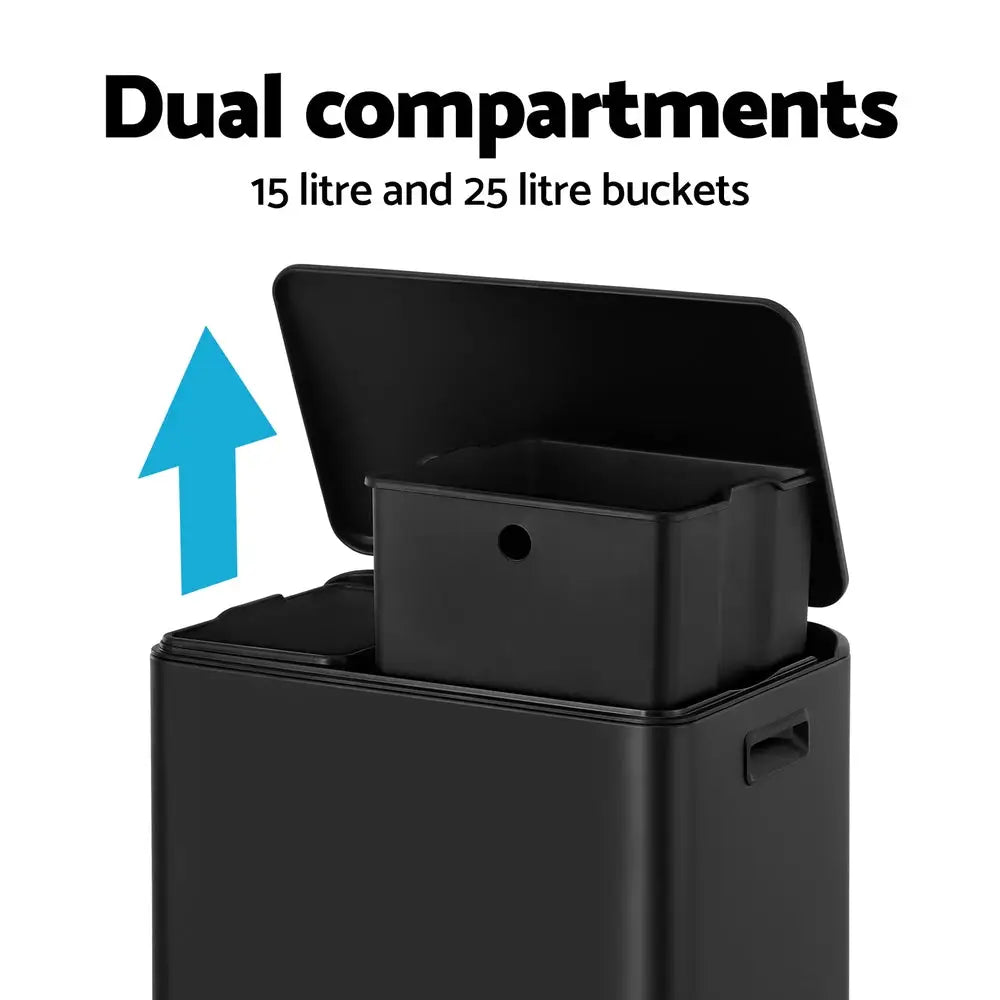Cefito Pedal Bins Rubbish Bin Dual Compartment Waste Recycle Dustbins 40L Black - Home & Garden > Kitchen Bins