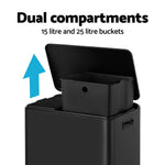 Cefito Pedal Bins Rubbish Bin Dual Compartment Waste Recycle Dustbins 40L Black - Home & Garden > Kitchen Bins