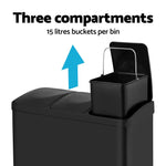 Cefito Pedal Bins Rubbish Bin Triple Compartments Waste Recycle Dustbins 45L - Home & Garden > Kitchen Bins