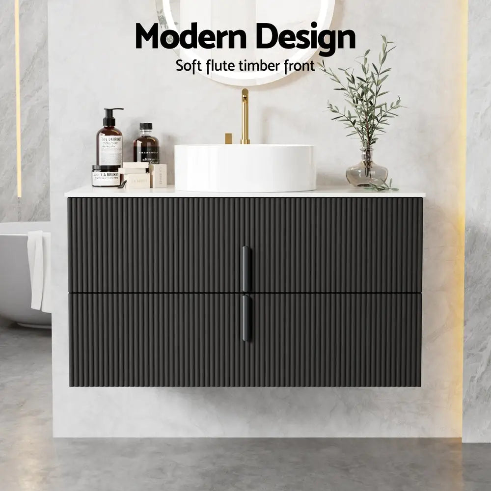 Cefito Vanity Unit 900mm Bathroom Cabinet Storage Wall Hung Black Timber Front - Furniture > Bathroom > Bathroom