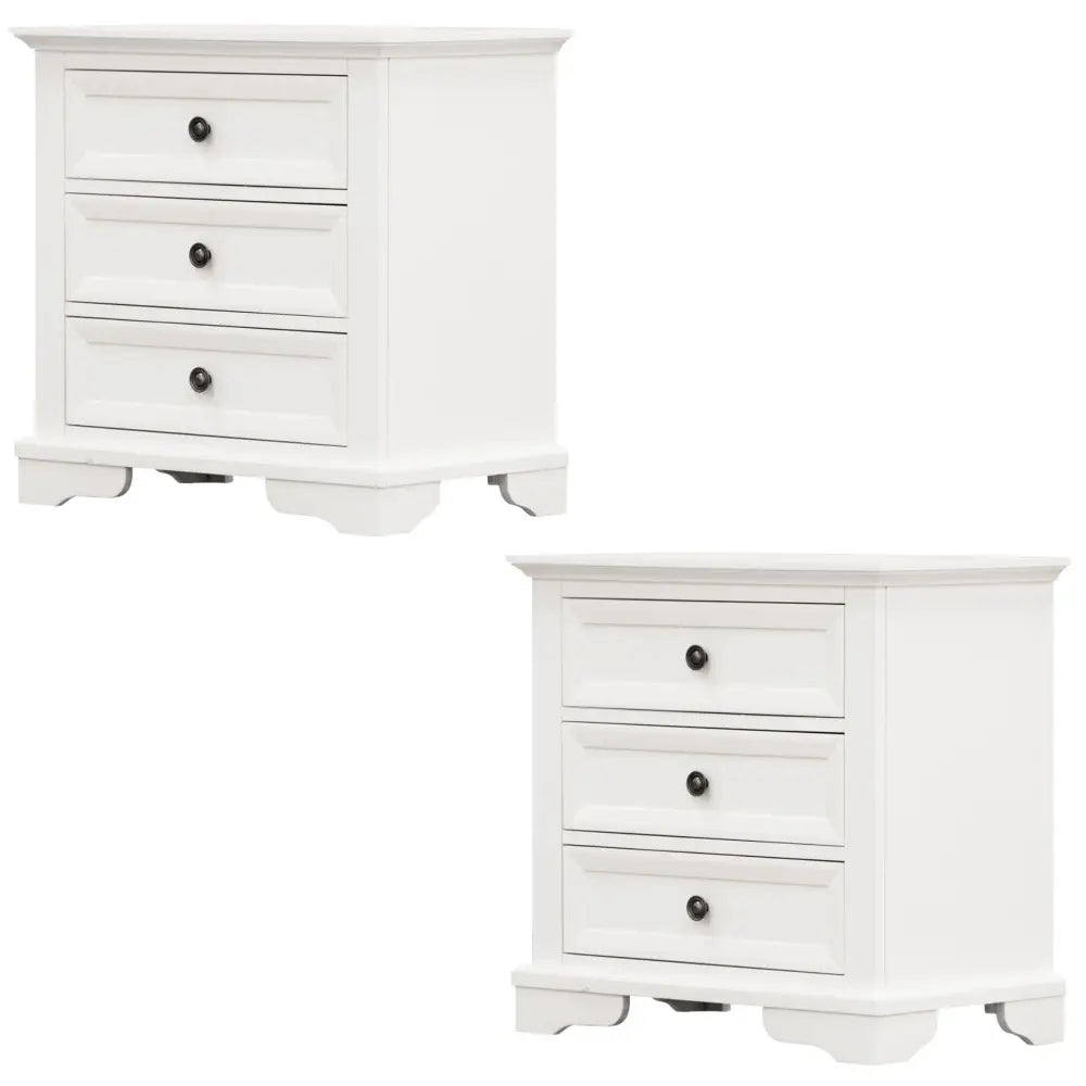 Celosia Bedside Table Set of 2pcs - 3 Drawers Storage Nightstand - White - Furniture > Bedroom