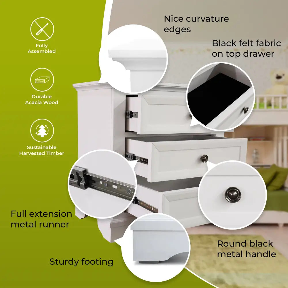 Celosia Bedside Table Set of 2pcs - 3 Drawers Storage Nightstand - White - Furniture > Bedroom