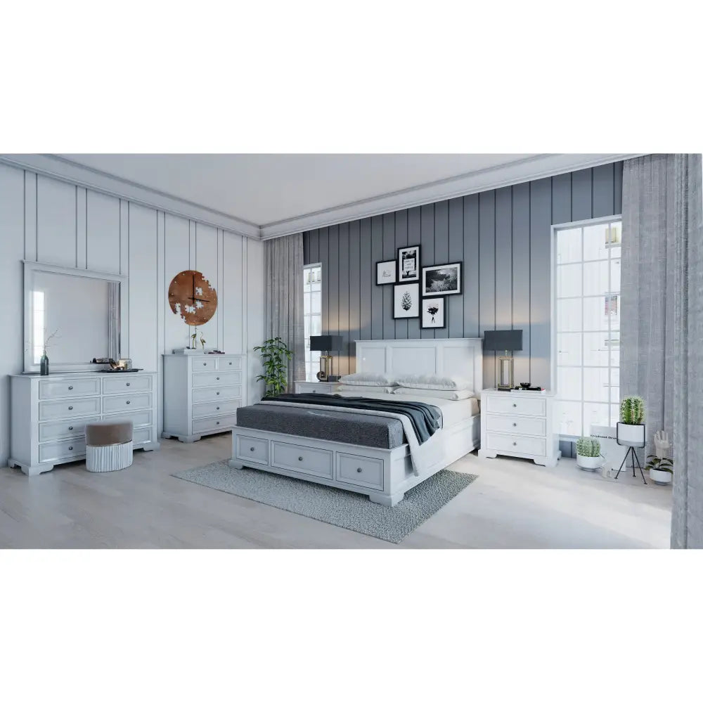 Celosia Queen Size Bed Frame Timber Mattress Base With Storage Drawers - White - Furniture > Bedroom