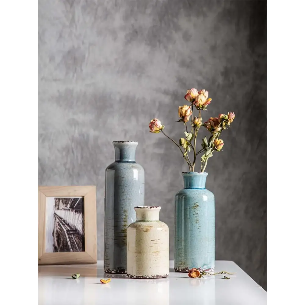 Ceramic Vases Set of 3 Crackled Finish Blue Farmhouse for Home Dcor - Occasions > Wedding Accessories