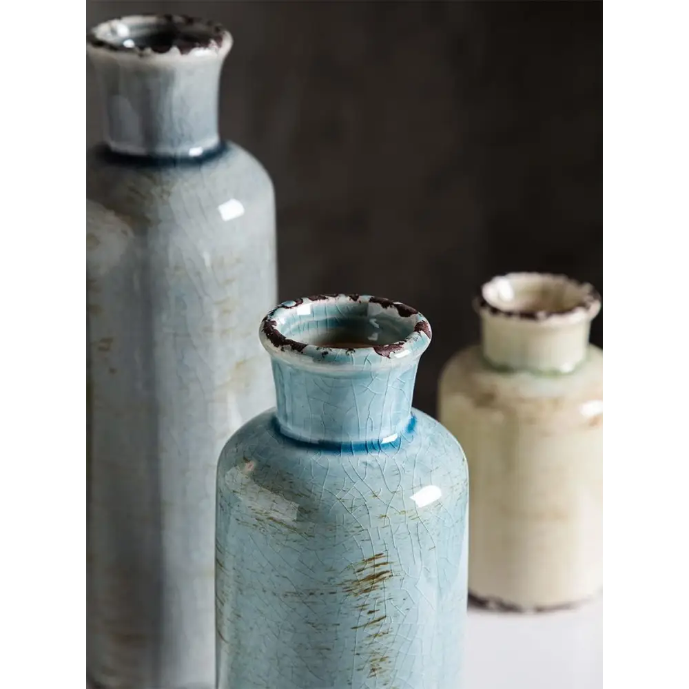 Ceramic Vases Set of 3 Crackled Finish Blue Farmhouse for Home Dcor - Occasions > Wedding Accessories