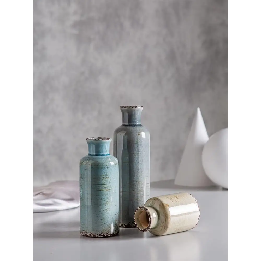 Ceramic Vases Set of 3 Crackled Finish Blue Farmhouse for Home Dcor - Occasions > Wedding Accessories