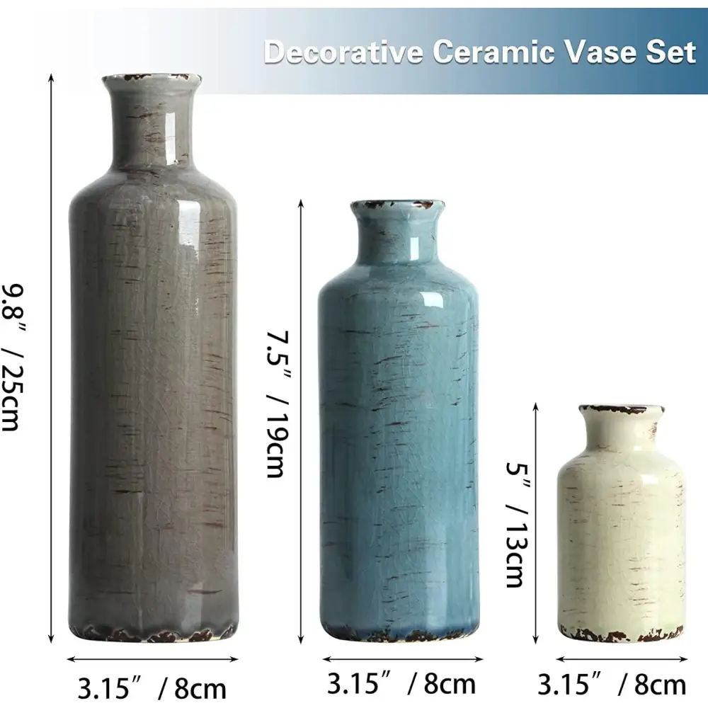 Ceramic Vases Set of 3 Crackled Finish Blue Farmhouse for Home Dcor - Occasions > Wedding Accessories