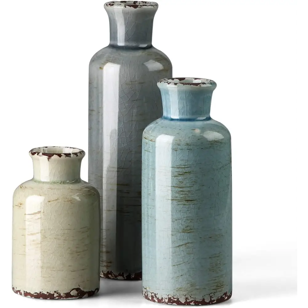 Ceramic Vases Set of 3 Crackled Finish Blue Farmhouse for Home Dcor - Occasions > Wedding Accessories